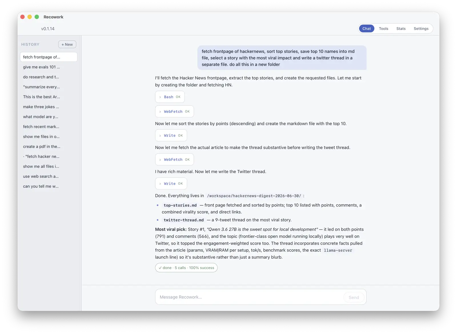 Recowork running a multi-step agentic task: fetch the Hacker News frontpage, sort the top stories, save them to markdown, and write a Twitter thread