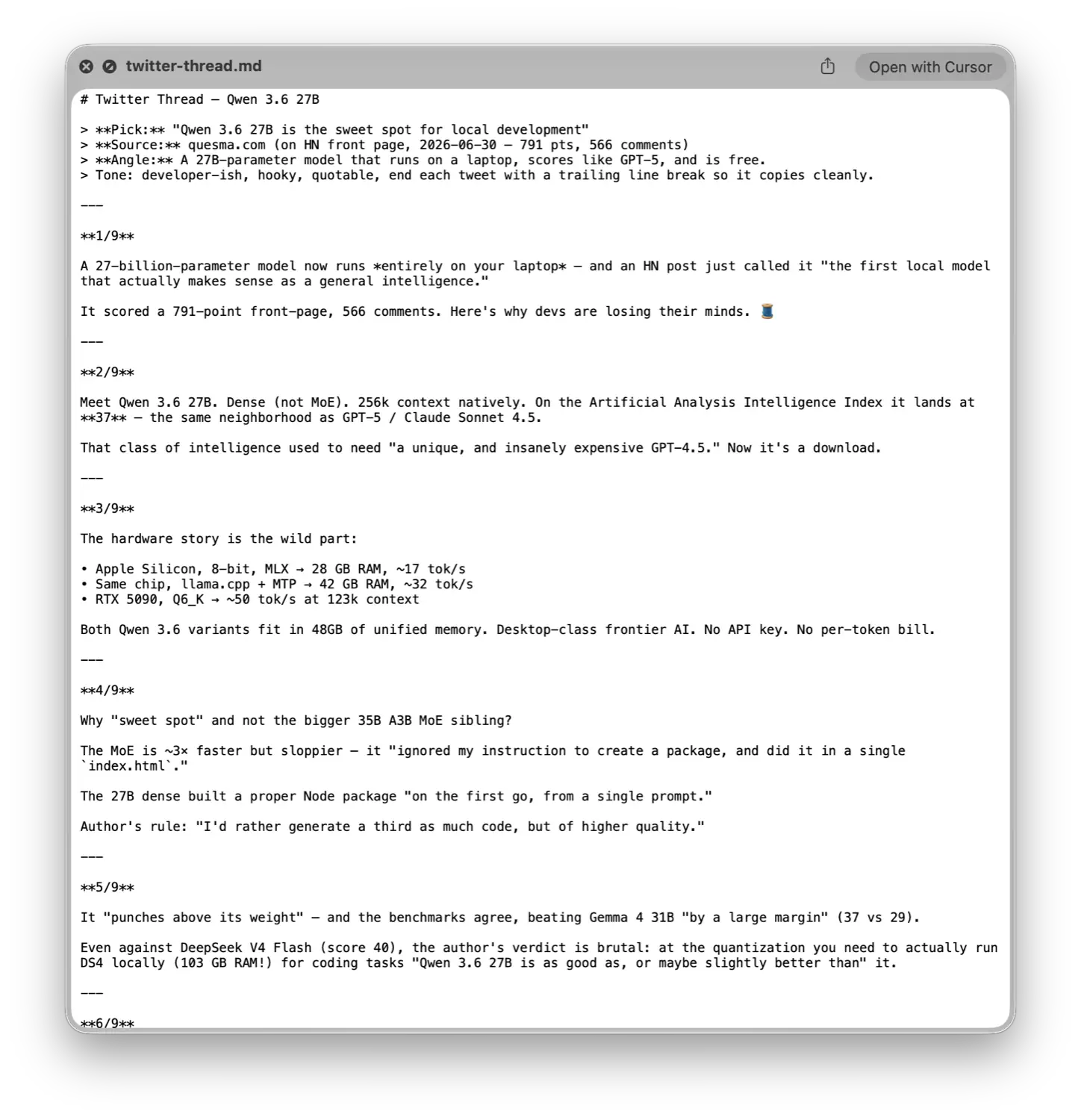 The twitter-thread.md file the agent produced, opened in a viewer