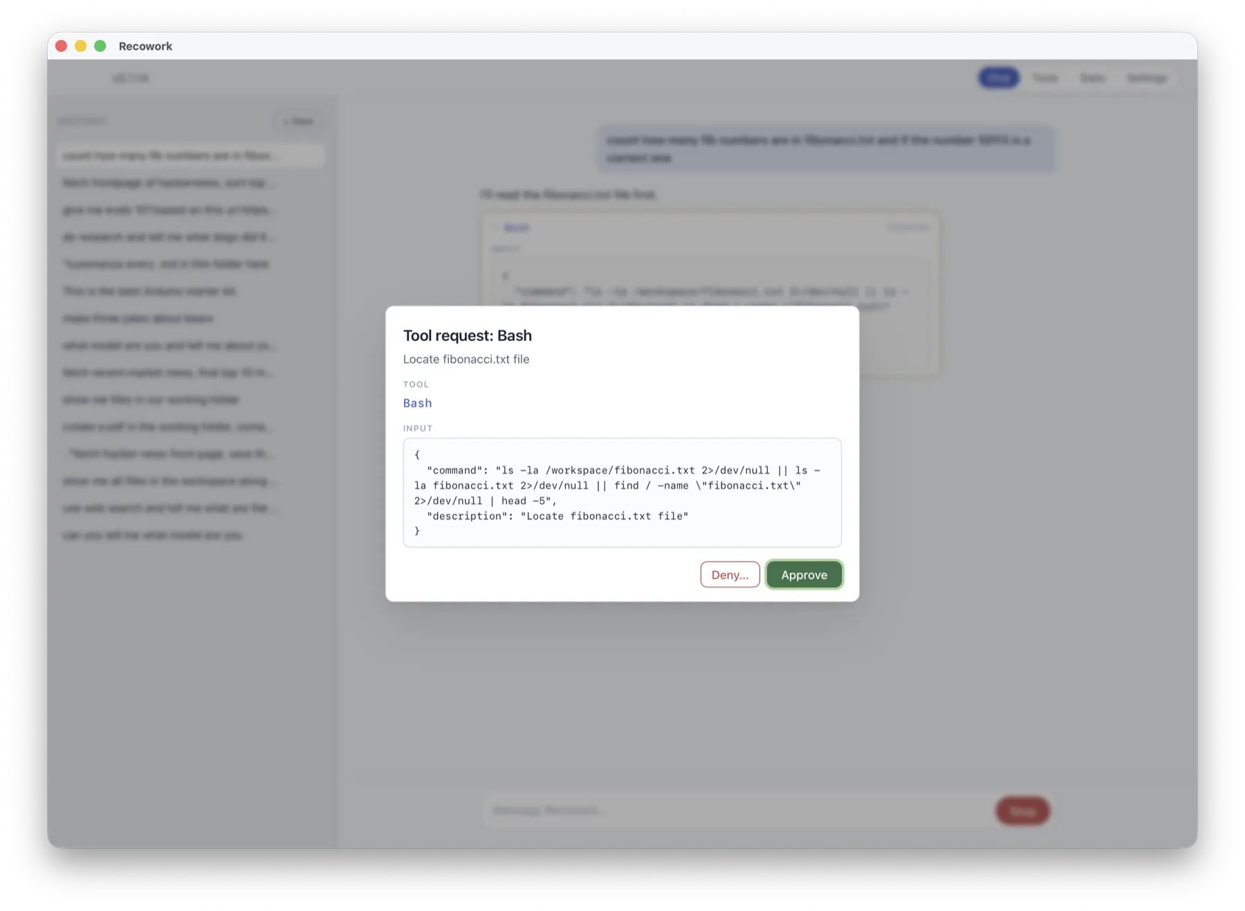 Recowork asking for approval before running a Bash command