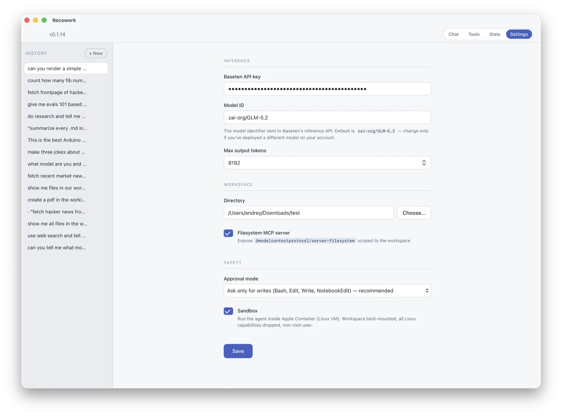Recowork settings: GLM-5.2 served via Baseten, with the sandbox running inside an Apple Container (Linux VM)