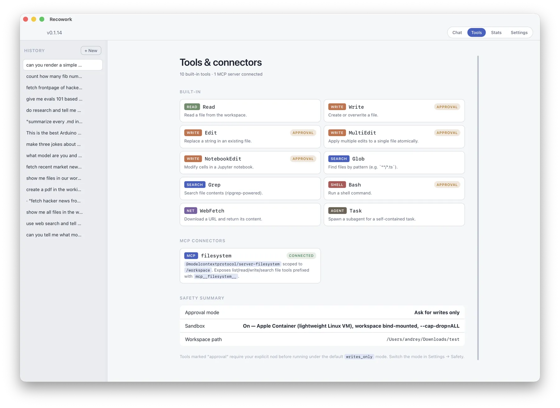 Recowork's Tools & connectors screen: 10 built-in tools and one connected filesystem MCP server